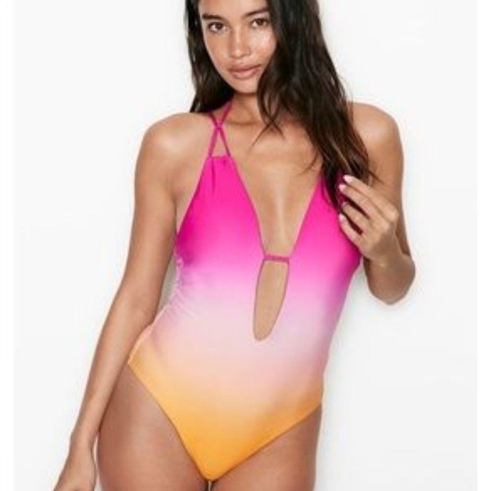 NWT VS Ombre V Neck‎ Cutout One Piece Swimsuit Swimwear Hot Pink Yellow M